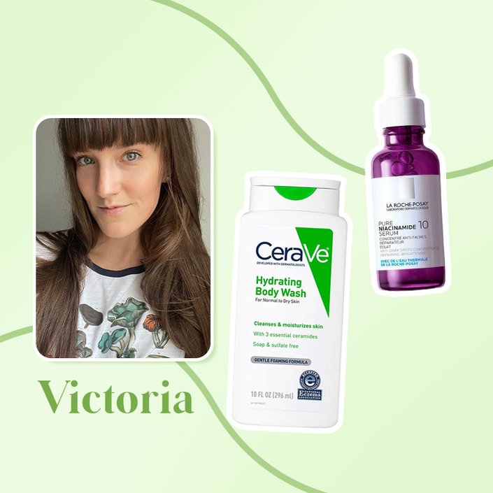 photo of victoria with lrp niacinamide serum and cerave body wash collage