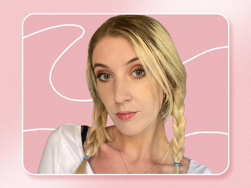 Photo of a blonde girl with pigtail braids on a pink graphic background