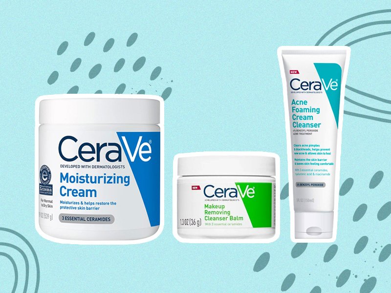 Collage of CeraVe products including the CeraVe Moisturizing Cream, CeraVe Makeup Removing Cleansing Balm and CeraVe Acne Foaming Cream Cleanser