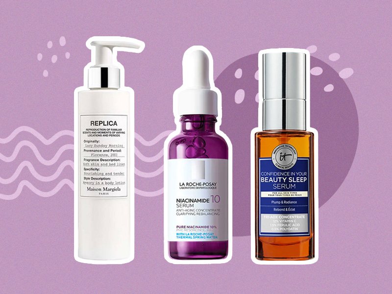 collage of Maison Margiela Replica Lazy Sunday Morning Body Lotion, La Roche Posay 10% Pure Niacinamide Serum, and IT Cosmetics Confidence in Your Beauty Sleep Triple Antioxidant Brightening Serum on a purple background