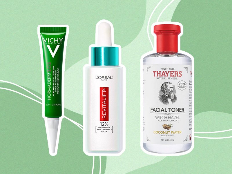 Vichy Normaderm S.O.S Acne Rescue Spot Corrector, L’Oréal Paris Revitalift Derm Intensives Hyaluronic Acid Plumping Water Cream, Thayers Coconut Water Facial Toner collaged onto a green background