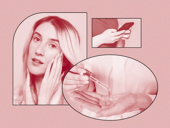 Three re-filtered photos of a person applying serum and typing on their phone