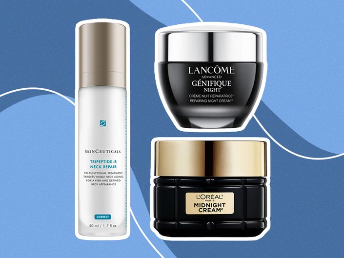 Image of the SkinCeuticals Tripeptide-R Neck Repair, Lancôme Advanced Génifique Night Cream and L'Oréal Paris Age Perfect Cell Renewal Midnight Cream on a blue background