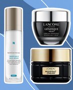Image of the SkinCeuticals Tripeptide-R Neck Repair, Lancôme Advanced Génifique Night Cream and L'Oréal Paris Age Perfect Cell Renewal Midnight Cream on a blue background