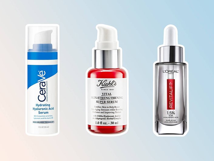 CeraVe Hydrating Hyaluronic Acid Serum, Kiehl’s Vital Skin-Strengthening Hyaluronic Acid Super Serum and L’Oréal Paris Revitalift Derm Intensives Hyaluronic Acid Serum collaged on a light blue background