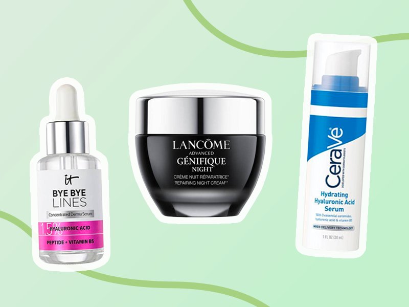 IT Cosmetics Bye Bye Lines Hyaluronic Acid Serum, Lancôme Advanced Génefique Night Cream, CeraVe Hydrating Hyaluronic Acid Serum  collaged on a light green background