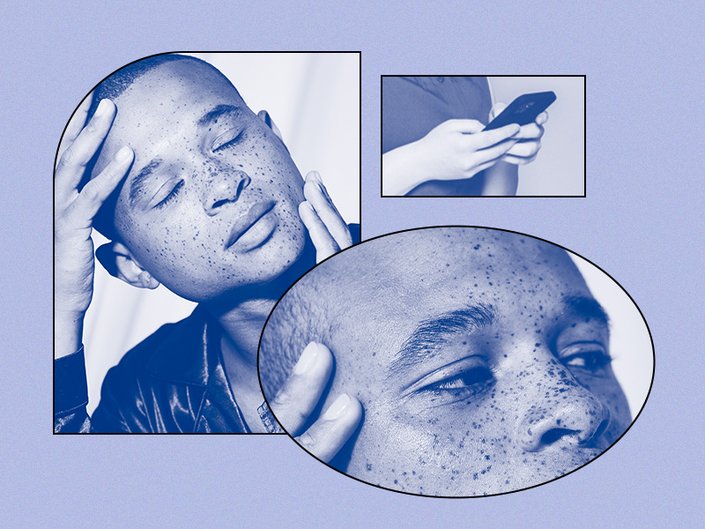 Collage of blue-filtered photos featuring a model touching their forehead