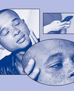 Collage of blue-filtered photos featuring a model touching their forehead