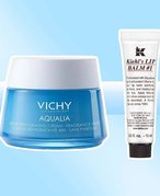 Vichy Aqualia Rich Cream Fragrance Free and Kiehl’s Lip Balm #1 collaged on a blue background