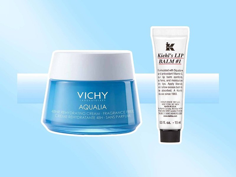 Vichy Aqualia Rich Cream Fragrance Free and Kiehl’s Lip Balm #1 collaged on a blue background