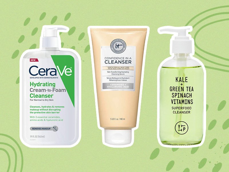 CeraVe Hydrating Cream-to-Foam Facial Cleanser, IT Cosmetics Confidence in a Cleanser and Youth to the People Superfood Cleanser collaged on a green background
