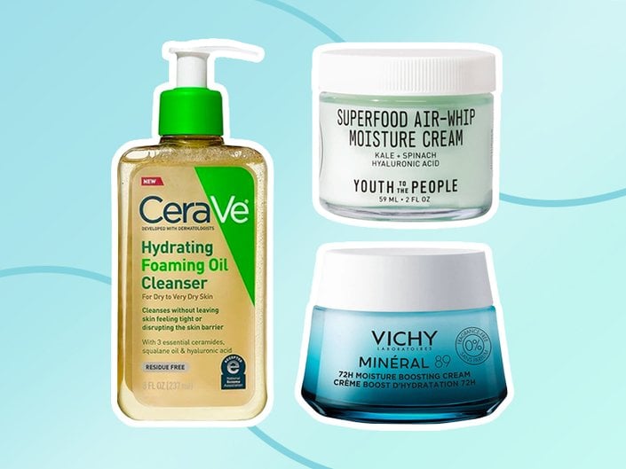 cerave oil foaming cleanser, youth to the people superfood moisture cream, vichy mineral 89 moisturizer