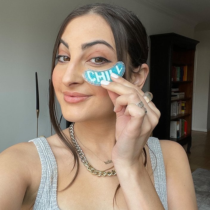 alanna posing with the NYX Professional Makeup Face Freezie Reusable Cooling Under Eye Patches