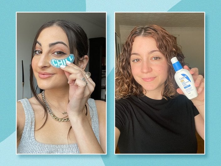 editors holding up their self care skincare favorites collaged on a blue background