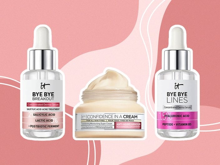 Collage of IT Cosmetics Bye Bye Breakout Serum, IT Cosmetics Confidence in a Cream and IT Cosmetics Bye Bye Lines Hyaluronic Acid Serum on a pink background