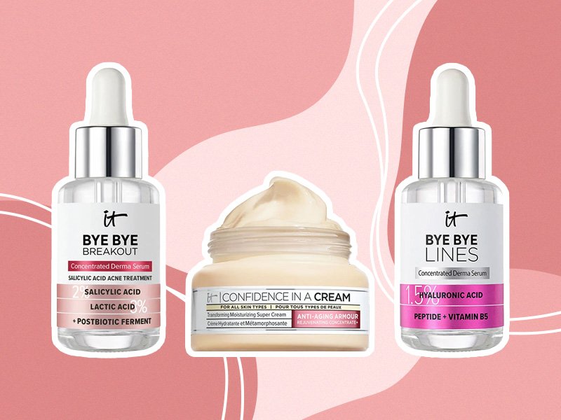 Collage of IT Cosmetics Bye Bye Breakout Serum, IT Cosmetics Confidence in a Cream and IT Cosmetics Bye Bye Lines Hyaluronic Acid Serum on a pink background 
