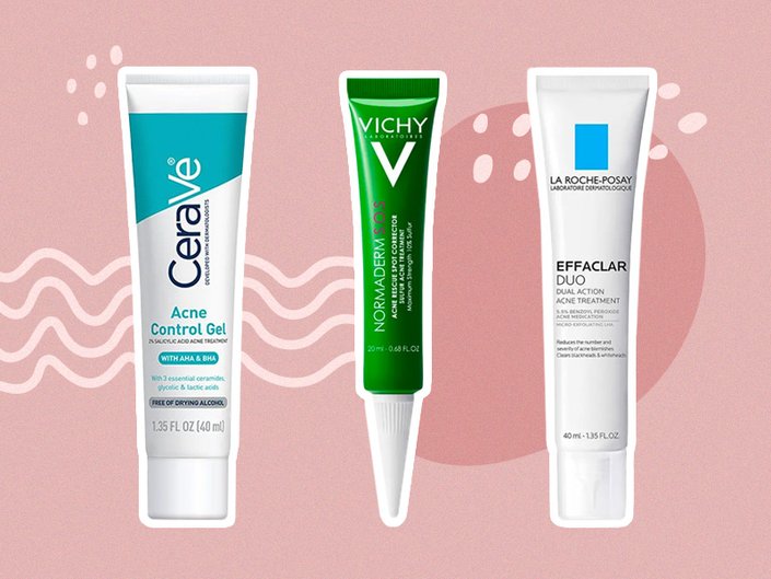Vichy Normaderm S.O.S. Acne Rescue Spot Corrector, CeraVe Salicylic Acid Acne Treatment Control Gel and La Roche-Posay Effaclar Duo Acne Spot Treatment collaged on a pink background