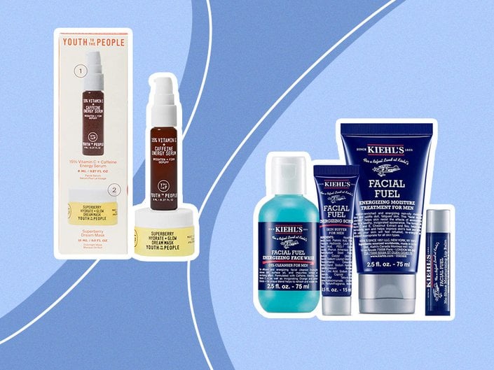 Kiehl’s Ultimate Shave Collection Gift Set and La Roche-Posay Ultra Sensitive Skin Moisturizer Kit on blue graphic background