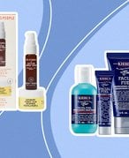 Kiehl’s Ultimate Shave Collection Gift Set and La Roche-Posay Ultra Sensitive Skin Moisturizer Kit on blue graphic background