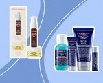  Kiehl’s Ultimate Shave Collection Gift Set and La Roche-Posay Ultra Sensitive Skin Moisturizer Kit on blue graphic background