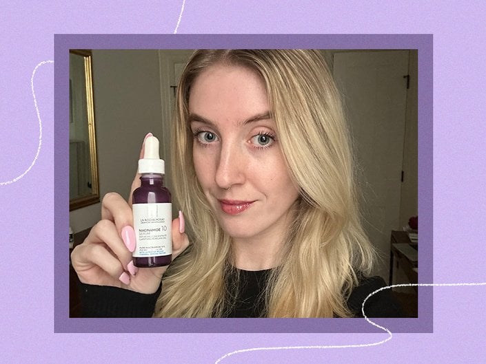 Picture of an editor holding the La Roche-Posay 10% Pure Niacinamide Serum, with a purple graphic border
