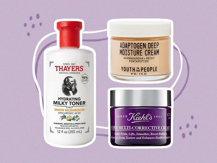 Picture of the Thayers Natural Remedies Milky Hydrating Face Toner with Snow Mushroom and Hyaluronic Acid,Youth to the People Adaptogen Deep Moisture Cream and the Kiehl’s Super Multi-Corrective Anti-Aging Cream for Face and Neck on a graphic purple background
