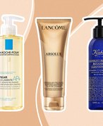 Picture of the La Roche-Posay Lipikar AP+ Gentle Foaming Cleansing Oil, Lancôme Absolue Oil-in-Gel Cleanser and Kiehl’s Midnight Recovery Botanical Cleansing Oil on a graphic neutral-colored background