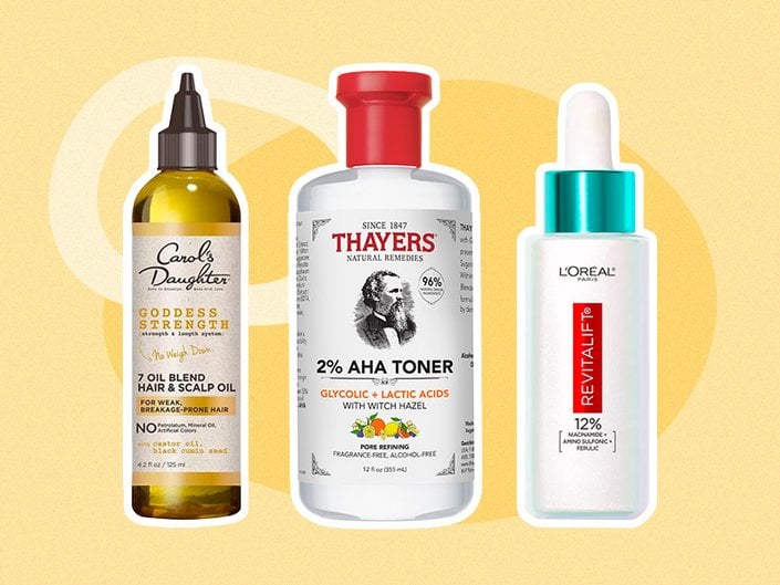 Carol’s Daughter Goddess Strength 7 Oil Blend Hair and Scalp Oil, Thayers 2% AHA Exfoliating Toner and L'Oreal Paris Revitalift Niacinamide Amino Sulfonic and Ferulic Acid Serum collaged on a yellow background