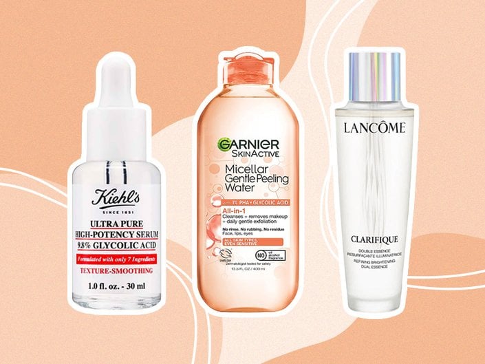Picture of the Kiehl’s Ultra Pure High-Potency 9.8% Glycolic Acid Serum, Garnier Skinactive Micellar Gentle Peeling Water with 1% PHA + Glycolic Acid and Lancôme Clarifique Exfoliating Face Essence with Glycolic Acid on an orange graphic background