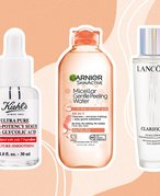 Picture of the Kiehl’s Ultra Pure High-Potency 9.8% Glycolic Acid Serum, Garnier Skinactive Micellar Gentle Peeling Water with 1% PHA + Glycolic Acid and Lancôme Clarifique Exfoliating Face Essence with Glycolic Acid on an orange graphic background