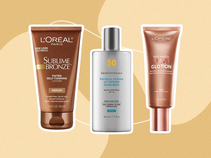 L’Oréal Paris Sublime Bronze tinted Self-Tanning Lotion, SkinCeuticals Physical Fusion UV Defense SPF 50 and the L’Oréal Paris Sublime Bronze Facial Tanning Drops on a beige collage.