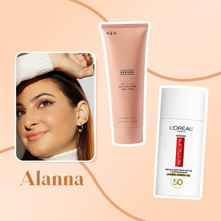L'Oréal Paris Revitalift Broad Spectrum SPF 50 Invisible UV Fluid and the Versed Buff It Out AHA Exfoliating Scrub collaged onto an orange background with a photo of alanna