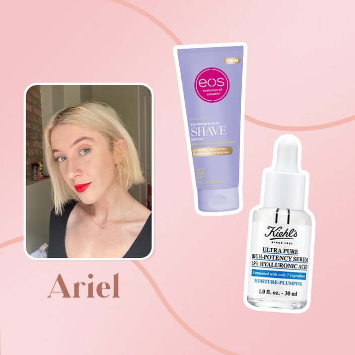 Kiehl’s Ultra Pure High-Potency 1.5% Hyaluronic Acid Serum and the eos Cashmere Skin Collection Shave Butter collaged onto a pink background with a photo of ariel