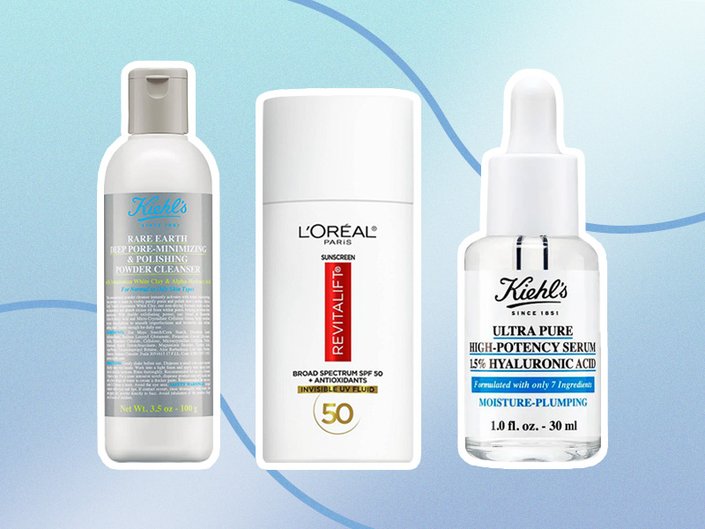 kiehls rare earth powder cleanser, loreal paris sunscreen and kiehls hyaluronic acid serum collaged onto a blue background