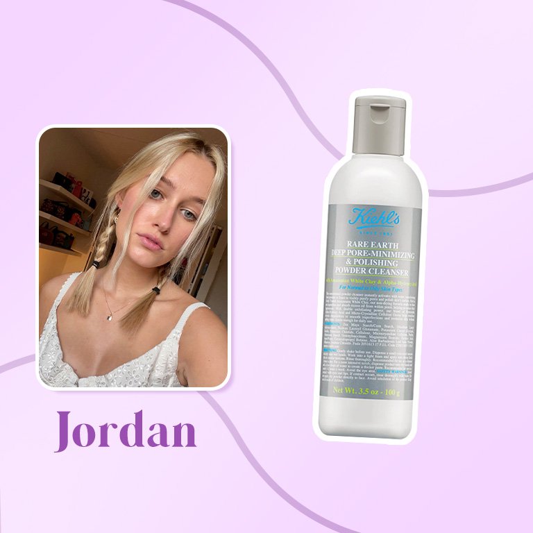 Kiehl’s Rare Earth Powder Cleanser collaged next to a photo of jordan on a purple background