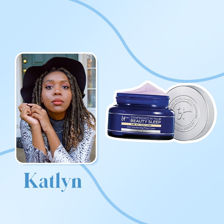 IT Cosmetics Confidence in Your Beauty Sleep Cream collaged onto a blue background with a photo of kat