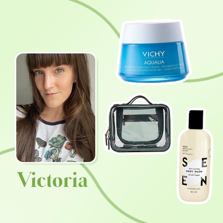 Vichy Aqualia Thermal Fragrance Free, SEEN Body Wash, Fragrance Free and Calpak Medium Clear Cosmetics Case collaged onto a green background with a photo of victoria