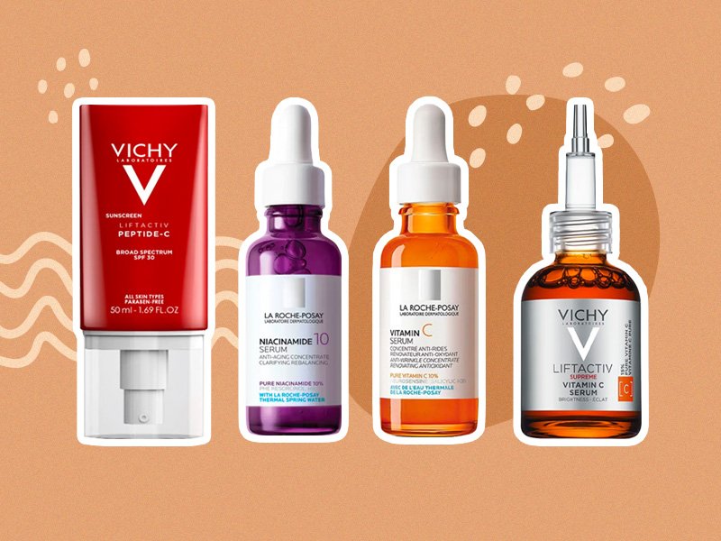 Vichy LiftActive Peptide-C Sunscreen, La Roche-Posay 10% Pure Niacinamide Serum, La Roche-Posay 10% Pure Vitamin C Serum and Vichy LiftActiv Vitamin C Serum 
