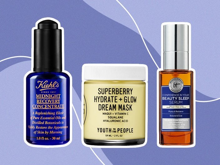 Collage of the Kiehl’s Midnight Recovery Concentrate Moisturizing Face Oil, Youth to the People Superberry Hydrate and Glow Dream Mask and the IT Cosmetics Confidence in Your Beauty Sleep Triple Antioxidant Brightening Serum against a blue background