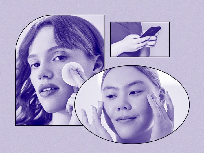 Collage of photos of a person rubbing their cheek with a cotton round, a person touching their cheekbones with their fingers and a close-up of someone’s hands holding a smartphone.