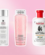 A picture of the Kiehl’s Daily Milk-Peel Gentle Exfoliating Toner, Lancôme Tonique Confort Hydrating Facial Toner and the Thayers Milky Hydrating Face Toner With Snow Mushroom and Hyaluronic Acid on a pink graphic background