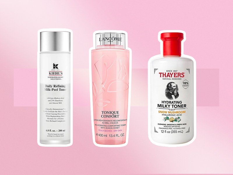 A picture of the Kiehl’s Daily Milk-Peel Gentle Exfoliating Toner, Lancôme Tonique Confort Hydrating Facial Toner and the Thayers Milky Hydrating Face Toner With Snow Mushroom and Hyaluronic Acid on a pink graphic background 