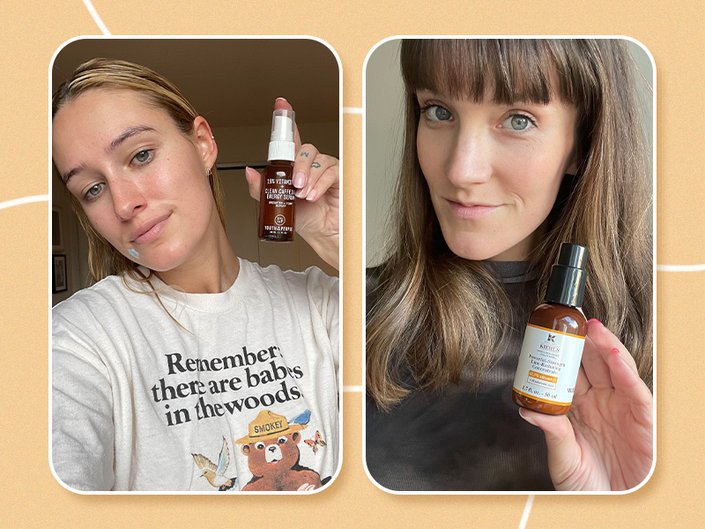 editors holding their favorite vitamin c products collaged onto an orange background