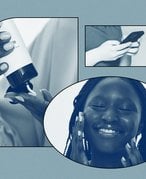 A black and white collage on a blue background with graphics of a person texting, a person pouring lotion into their hands and a person rubbing their face.