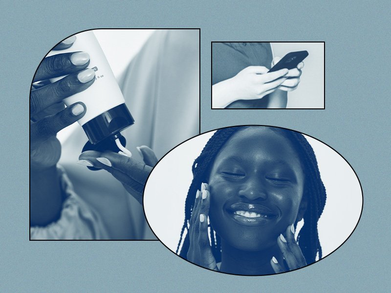 A black and white collage on a blue background with graphics of a person texting, a person pouring lotion into their hands and a person rubbing their face.