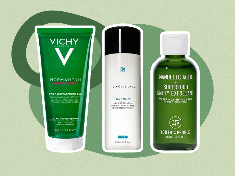 Collage of the Vichy Normaderm PhytoAction Daily Deep Cleansing Gel, SkinCeuticals LHA Toner and Youth to the People Mandelic Acid Superfood Exfoliant