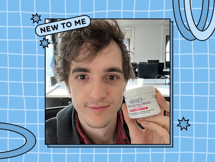 stephen holding a jar of the kiehls ultra facial cream with spf 30 collaged onto a blue graphic background
