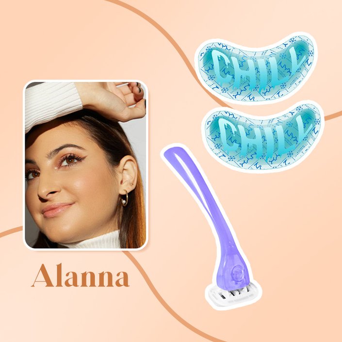 photo of alanna collaged onto an orange background with the nyx under eye patches and the billie razor