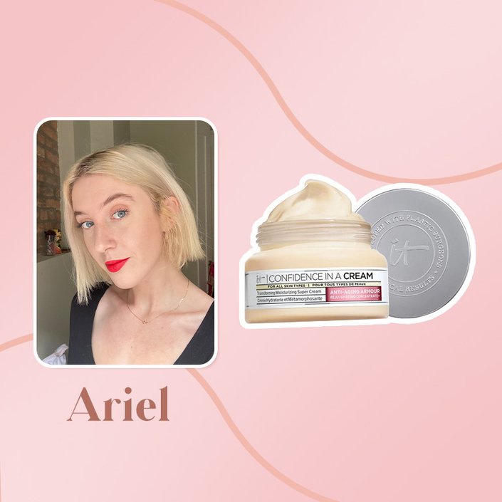 photo of ariel collaged onto a pink background with the it cosmetics moisturizer