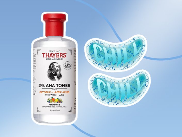 thayers toner and nyx cooling under eye patches photoshopped onto a blue background